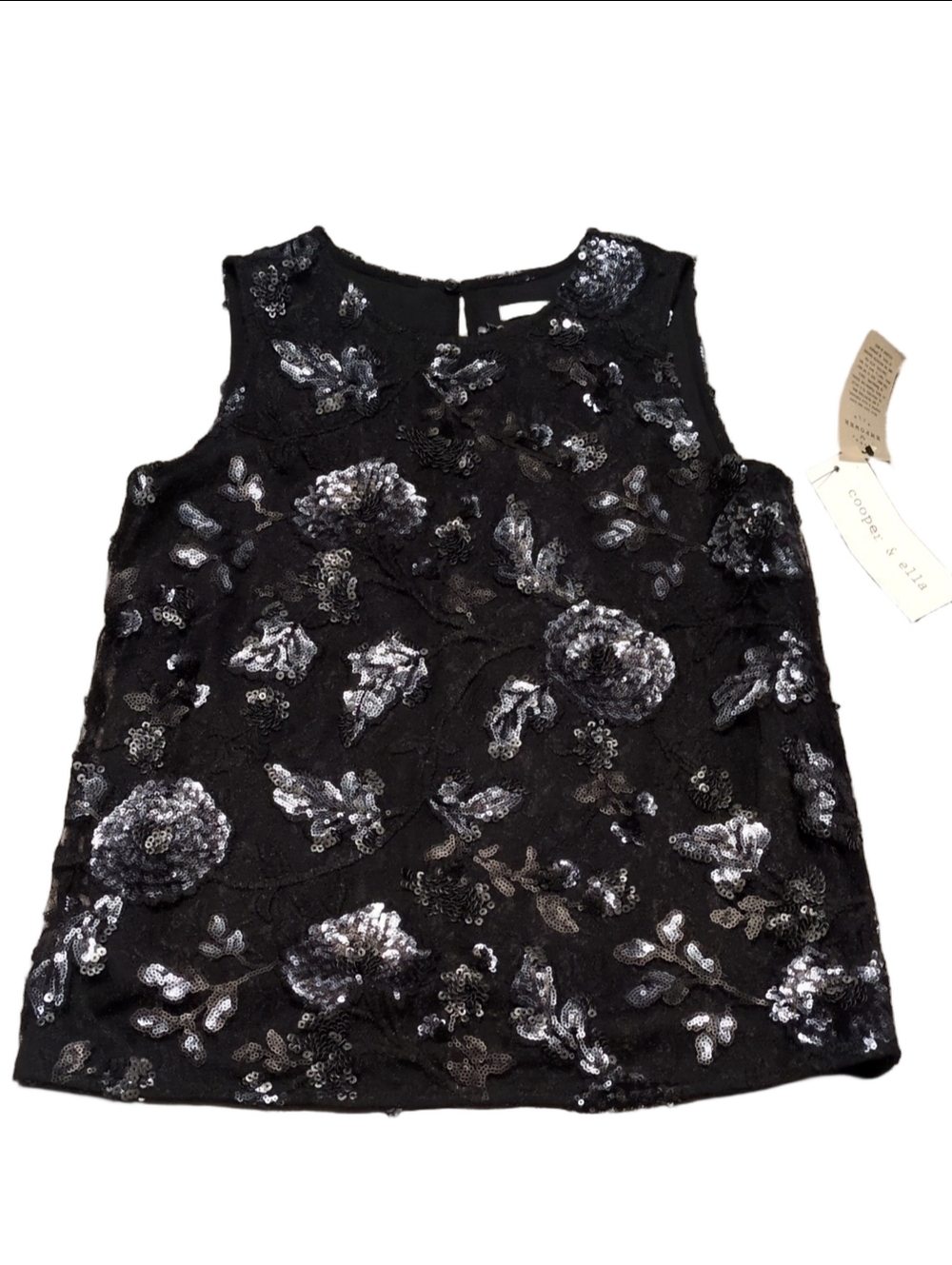 Cooper & Ella Black Floral Sequined Sleeveless Blouse Size XS